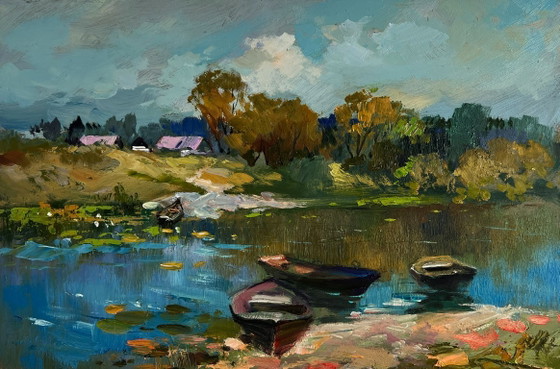 Image 1 of Original Oil Painting Summer River Landscape Crossing to the other bank