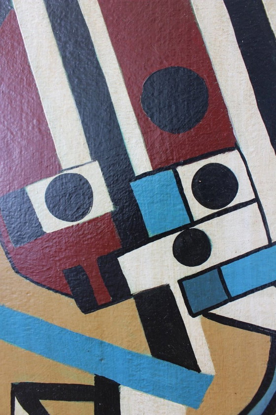Image 1 of Composition mécanique abstraite vintage – Peinture à l'huile de style géométrique audacieux signée F. Léger