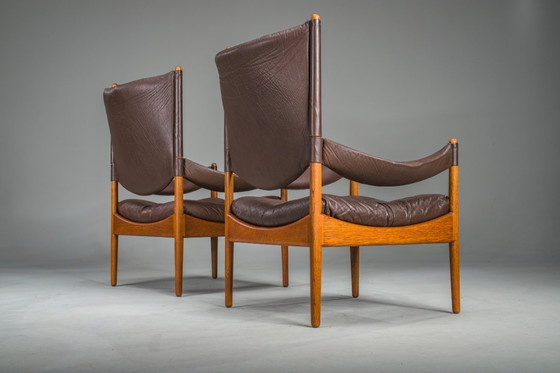Image 1 of  Mid-Century Modern Danish Oak and Leather Lounge Chairs with Ottoman by Kristian Vedel for Søren Wiladsen, 1960s, Set of 3