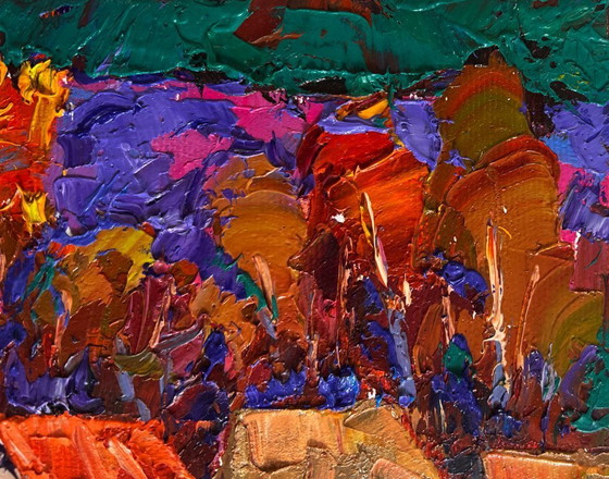 Image 1 of Original Oil Painting Autumn Village Landscape Autumn night in the village