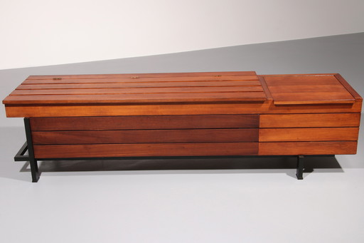 Banc vintage en bois avec rangement Italiaans 1960