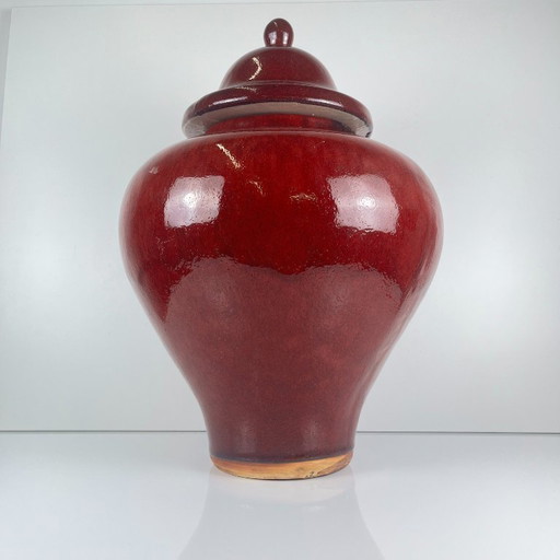 Grande vaso giapponese vintage con coperchio – ceramica smaltata rosso bordeaux – marchio di fabbrica – 49 cm