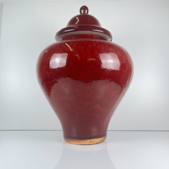 Image 1 of Grande vaso giapponese vintage con coperchio – ceramica smaltata rosso bordeaux – marchio di fabbrica – 49 cm