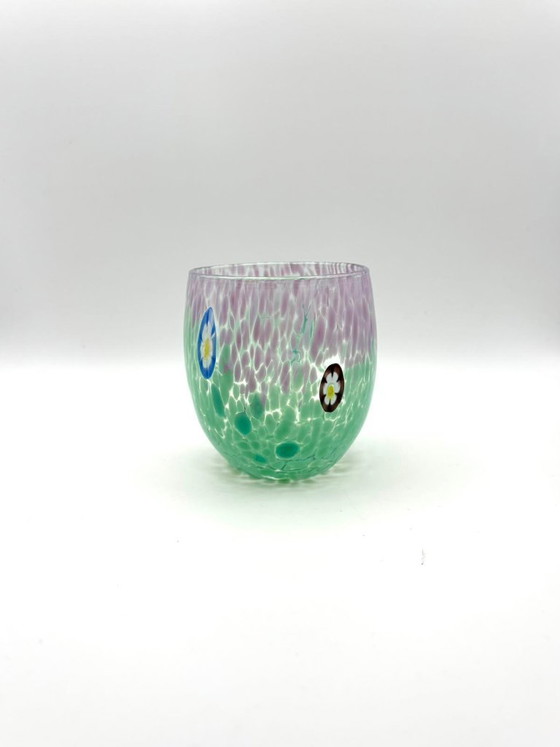 Image 1 of Set van 6 Venetiaanse glazen van geblazen glas met Murano-effect (murrine) in het glas verwerkt, handgemaakt in Italië.