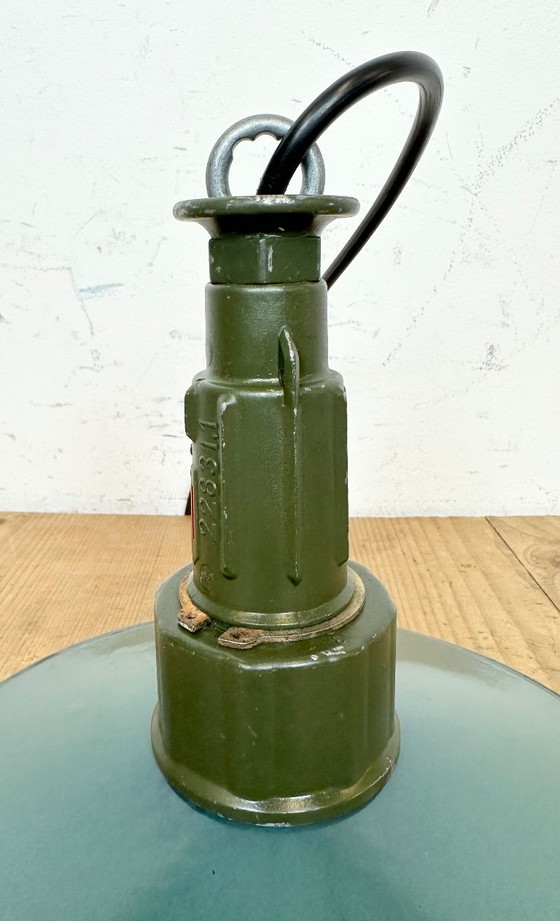 Image 1 of Industrial Petrol Enamel Military Pendant Lamp with Cast Aluminium Top, 1960s