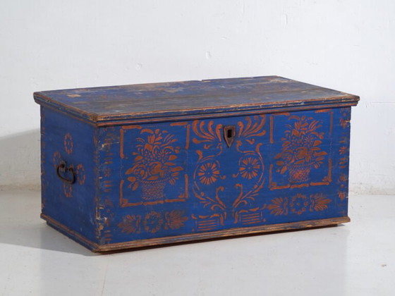 Antique Blue Painted Wooden Chest – Folk Art Blanket Chest – Central Europe c.1900 – Chest of drawers (photo 8 of 40)