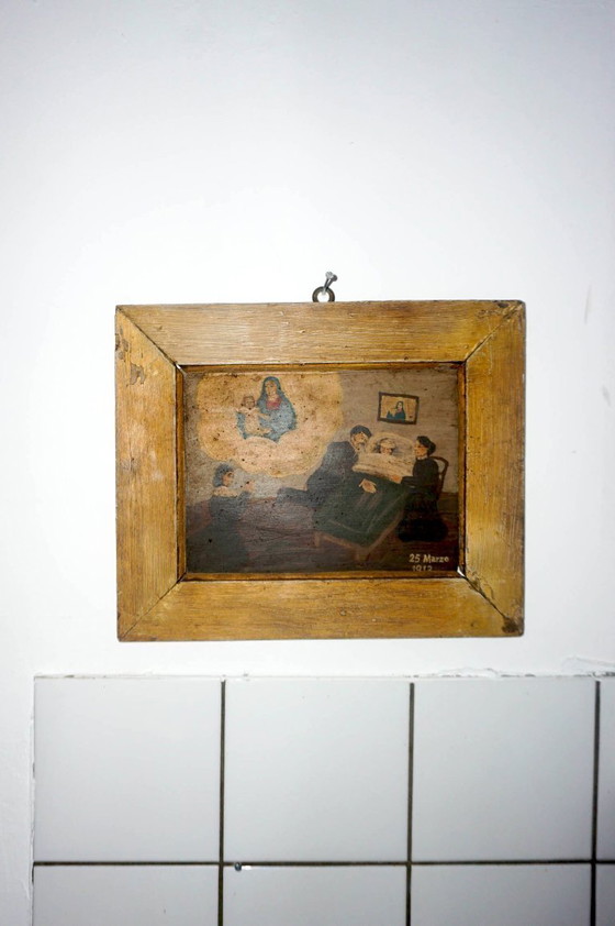 Image 1 of Ex-voto italien de 1913 * lit médical * guérison après l'extrême-onction * plaque votive * Vierge Marie