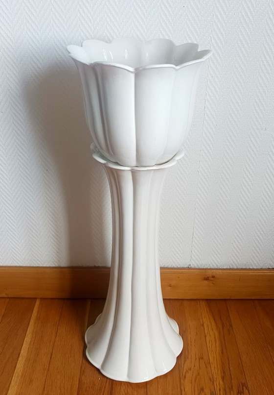 Image 1 of Vaso da fiori vintage in terracotta italiana con supporto.