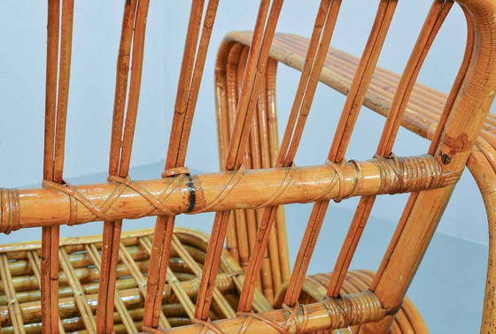 Image 1 of Fabulous Mid-Century Design Six Strand Rectangular Rattan 3-Seat Sofa with Frost Blue Fabric Cushions Attributed to Paul Frankl