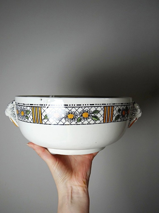 Image 1 of Large HB Choisy-le-Roi polychrome ironstone salad bowl "Elisabeth" early 20th century