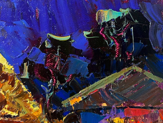 Image 1 of Original Oil Painting Night Village Landscape Stars twinkle in a calm sky