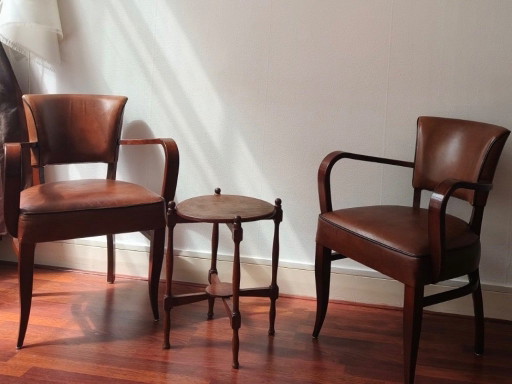 Paar vintage massief beukenhout Bridge stoelen, 1950 – fauteuils, Leather, Wood