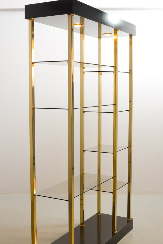 Image 1 of Belgo Chrom Hollywood Regency Style Black Lacquered Shelving Unit 20-Carat Gold Plated with Smokey Glass, Belgium, 1970s