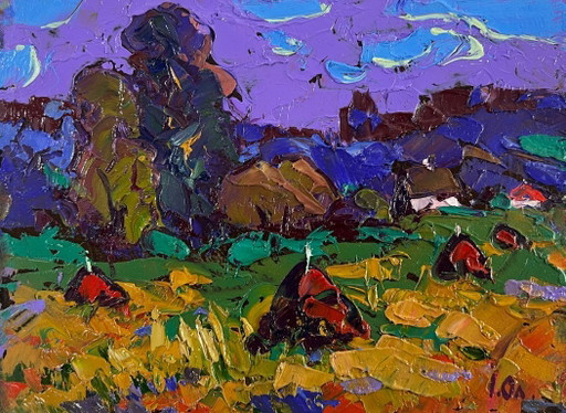 Original Oil Painting Summer Field Landscape Evening coolness before the rain