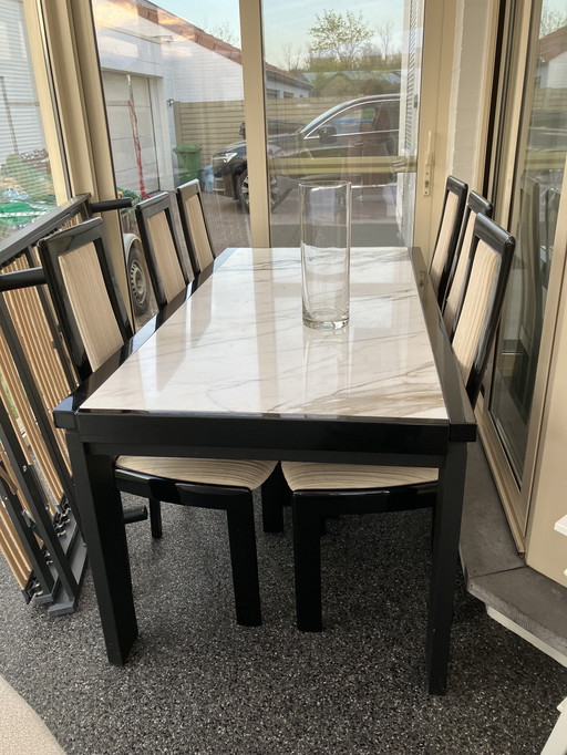 Tafel Met Marmeren Blad + 6 Stoelen