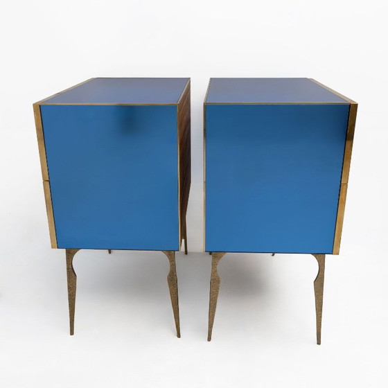 Pair of Blue Mirrored Chests of Drawers with Brass Details, Mid-Century Style – Chest of drawers, Glass (photo 3 of 7)