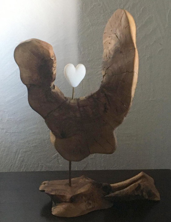 Wooden Sculpture with Heart, Organic Style, named "Heart's Refuge", Metal, Brown, Organic Modern (photo 11 of 12)