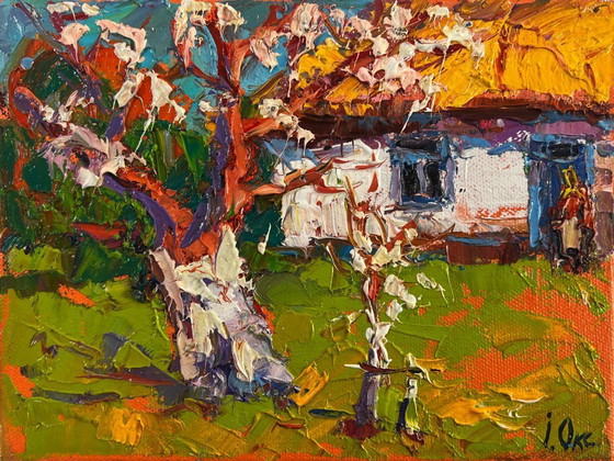 Image 1 of Original Oil Painting Spring Village Landscape Quiet comfort beneath the spreading tree