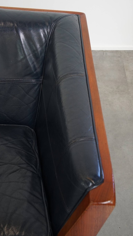 Image 1 of 2x 2,5-Sitzer Schuitema Art Deco Design Sofa mit Holzarbeiten und dunkelblauem Rindsleder