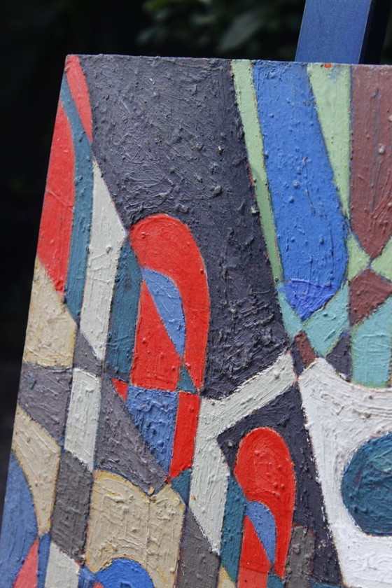 Image 1 of Jean Besnard (1922-2007) Olio su cartone Astrazione geometrica Op Art 1983