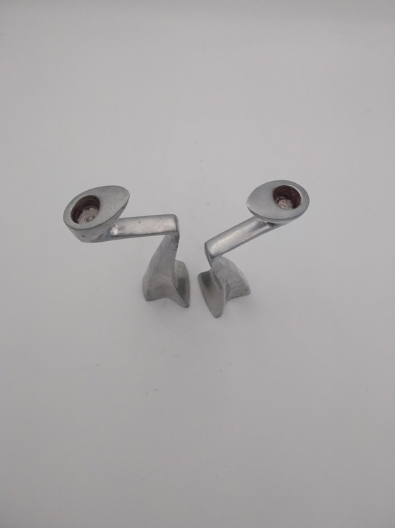2 x set of 2 Mathew Hilton aluminum "swan" candle holders 1980's, Aluminium, Silver (photo 4 of 5)