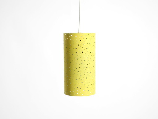 Beautiful mid-century pendant lamp in perforated metal, mustard yellow, by Ernest Igl for Hillebrand