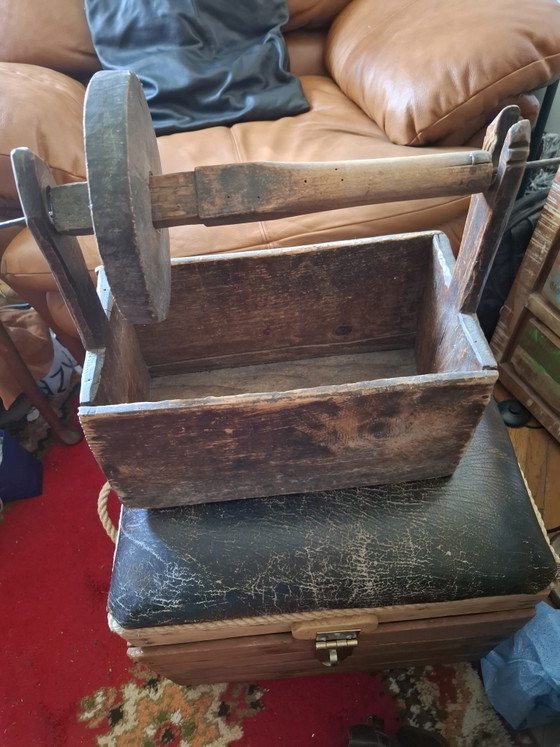 19thC Transylvanian Primitive Set: Antique Wooden Yarn Winder Box (Sucală) & Hand-Carved Bread Oven Peel (photo 2 of 15)