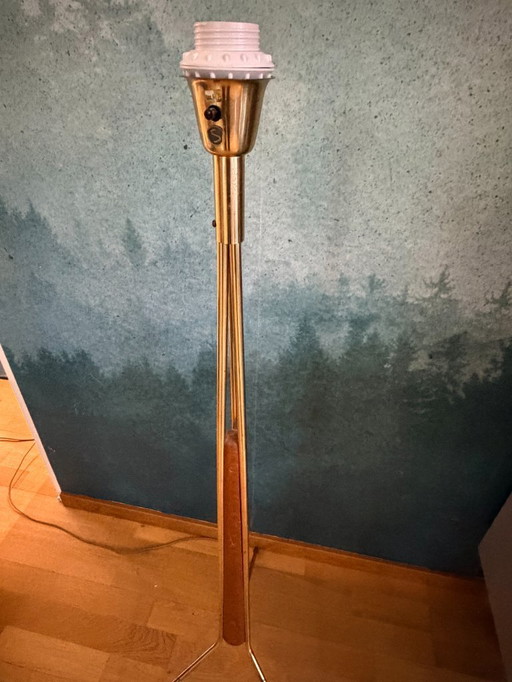 Scandinavian Mid-Century Floor Lamp in Teak and Brass with Original Shade