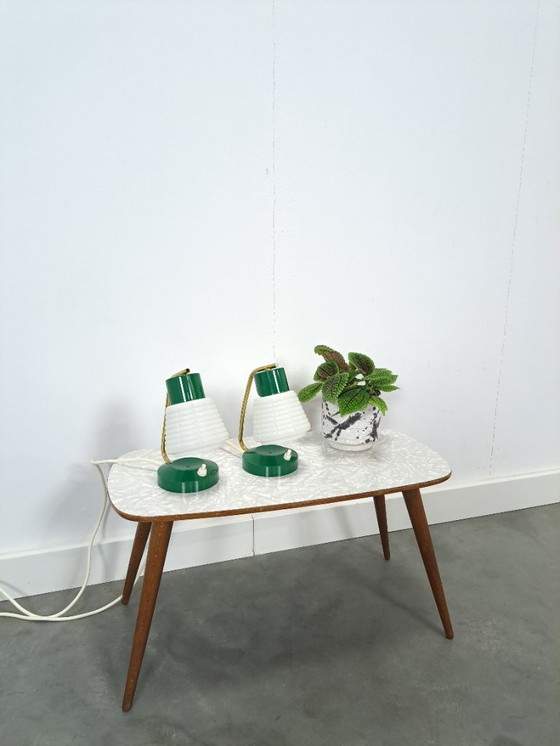Image 1 of Mid Century set of 2 groene kunststof lamp, nachtlamp, tafellamp