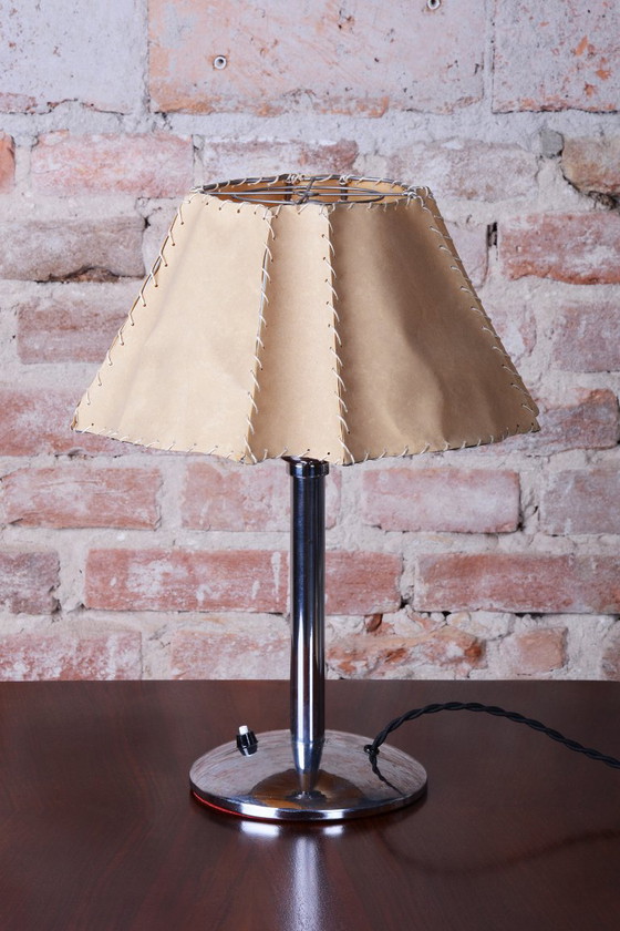 Restored Bauhaus Table Lamp, Chrome-Plated Steel, Parchment, Czech, 1930s – Metal, Paper (photo 2 of 12)