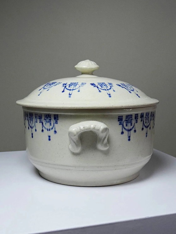 Vecchia casseruola in terraglia smaltata con decoro blu St Uze., Stoviglie, Porcellana, Art Deco (foto 7 di 13)