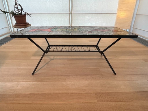 Vintage Franse salontafel uit de Fifties met keramisch tegelwerk 