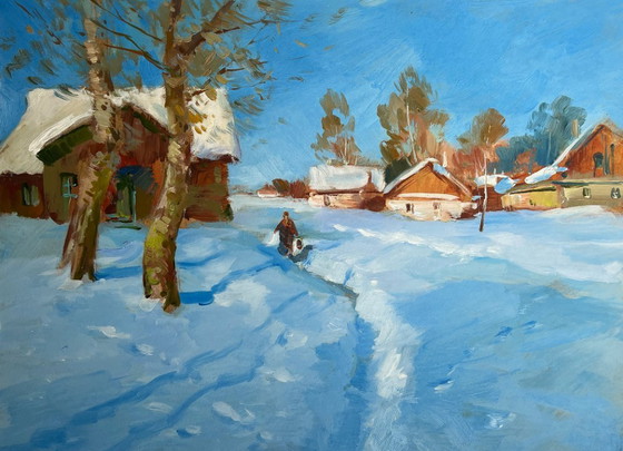 Image 1 of Original Oil Painting Winter Village Landscape Quiet village in winter