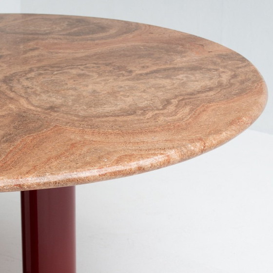 Image 1 of Round Marble Dining Table with Burgundy Lacquered Base