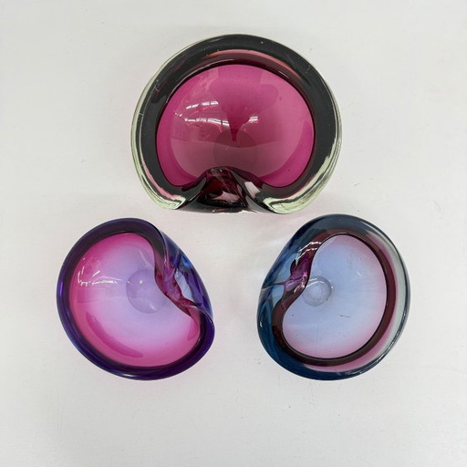 Set of 3 murano summerso pink glass bowls , 1970s