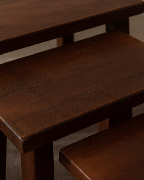 Image 1 of Vintage Brutalist Solid Oak Nesting Tables (Set of 3) – Dutch, 1970s