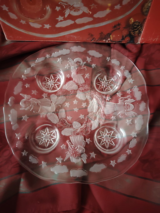 Walther vintage glazen Adventsbord, satijnen waxinelichthouder Kerstmis