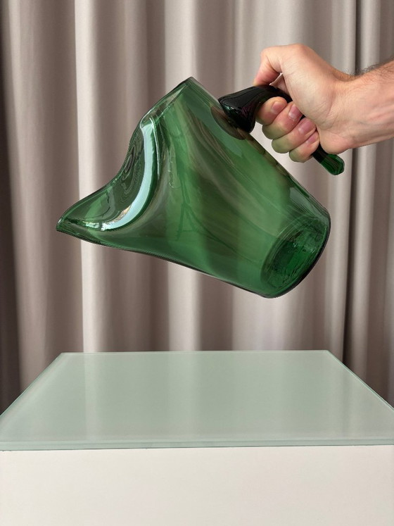 Vintage Emerald Green Art Glass Pitcher, Sculptural Organic Design, Glass & Decanter, Organic Modern (photo 4 of 11)