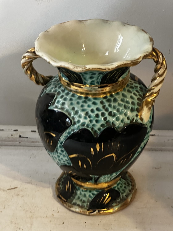 Pair of vintage Vallauris vases in turquoise ceramic, black flowers and gold trim (photo 5 of 9)