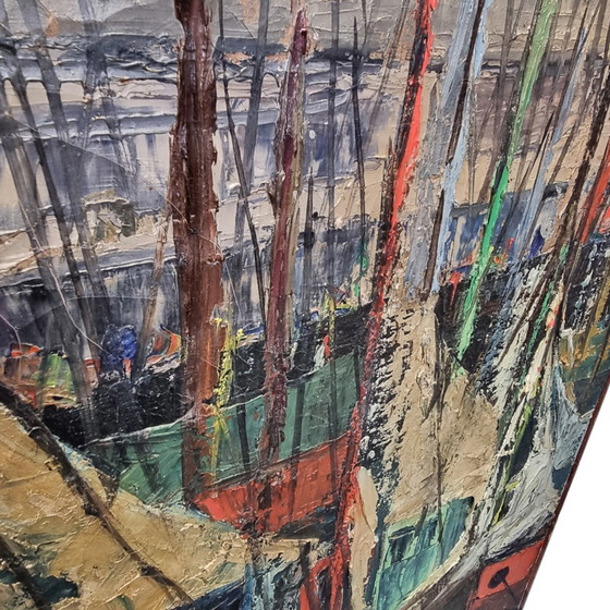 Image 1 of Peinture française vintage avec des bateaux dans le port, années 1950