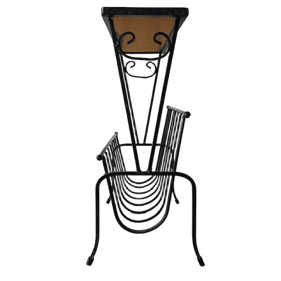 Image 1 of Vintage mid-century reading table retro magazine rack tiles wrought iron 1960s