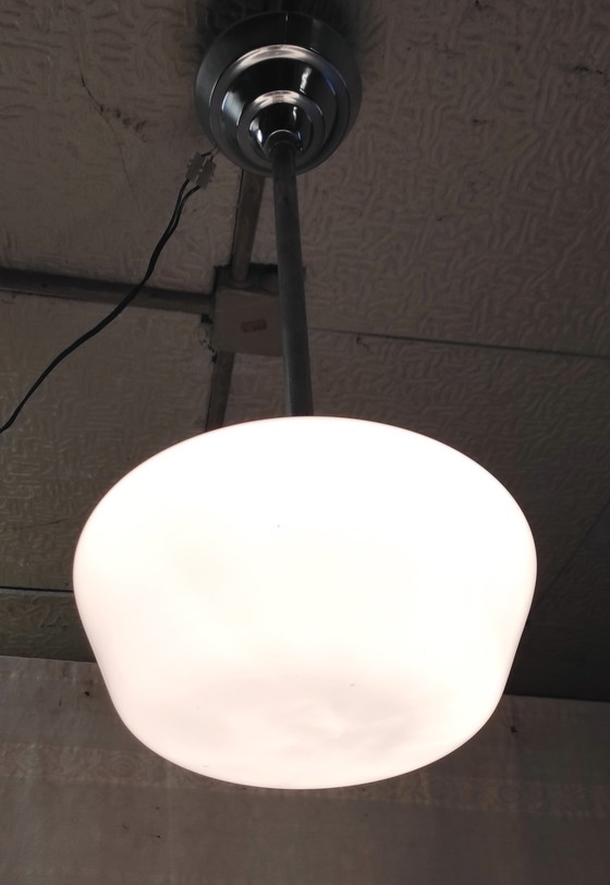 Image 1 of Bauhaus pendant light in metal and opaline glass globe - mid-20th century