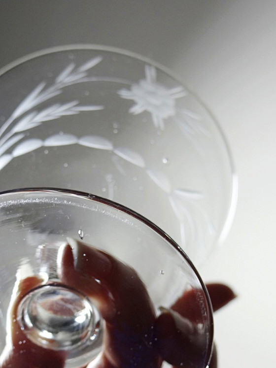 Image 1 of 8 Champagne coupes, wheel-engraved glass with vegetal decoration, Bohemia, early 20th century