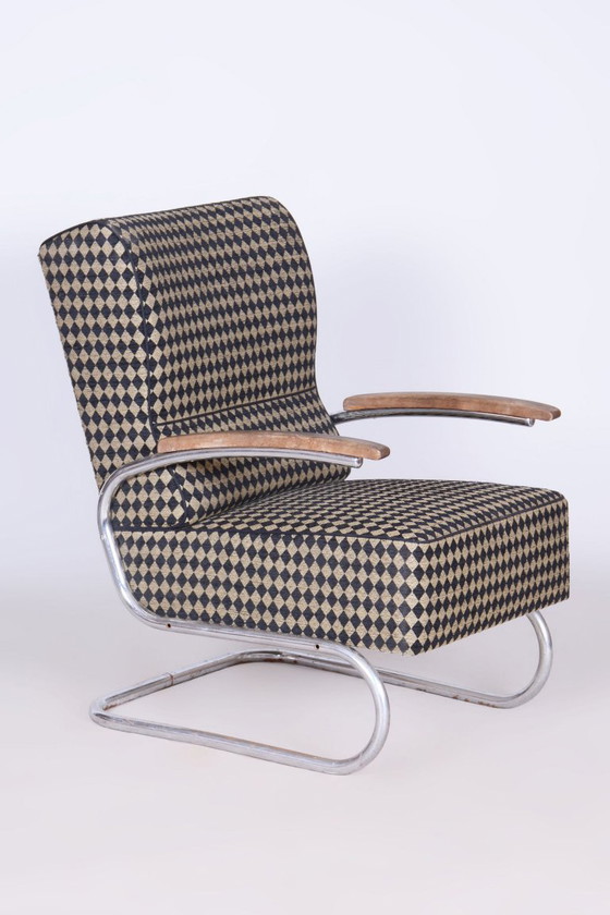 Set van twee gerestaureerde Bauhaus-fauteuils, van Vichr a Spol., chroom, Tsjechië, jaren 1930. – Textile (photo 4 of 12)