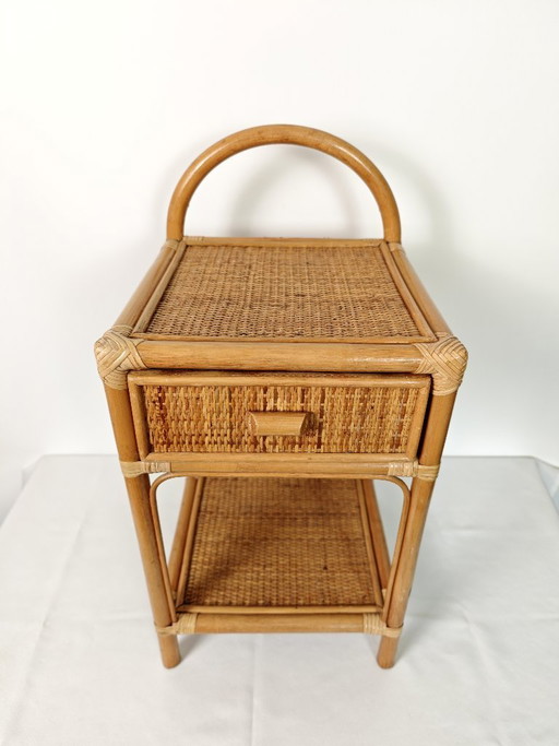 Vintage Rattan Bedside Table / 1970s Bamboo Nightstand / Boho Side Table with Drawer / Wicker Furniture / Coastal Bohemian Decor