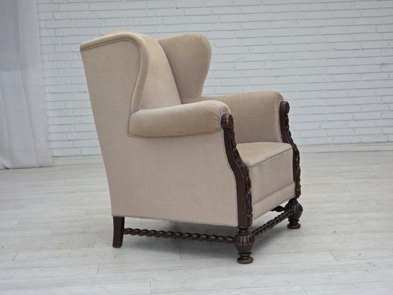 Image 1 of Fauteuil à oreilles danois des années 1960, revêtement en velours, bois de chêne sculpté.