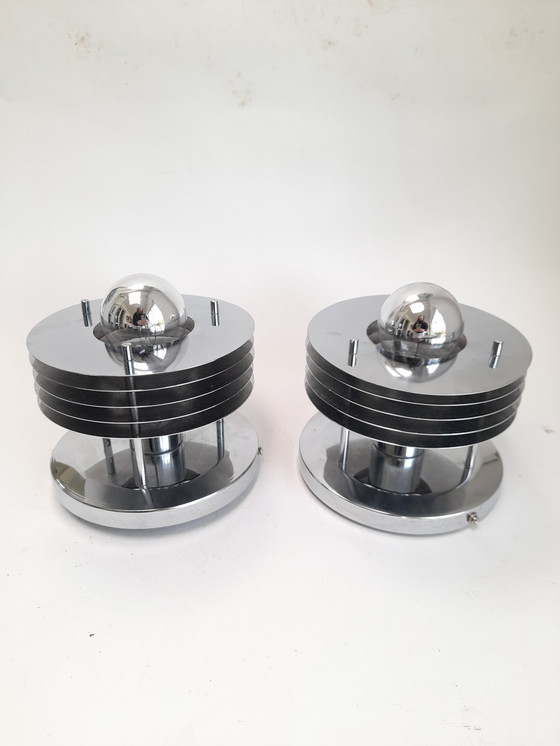 Image 1 of Pair of Saturne Massive 70s chrome wall lights