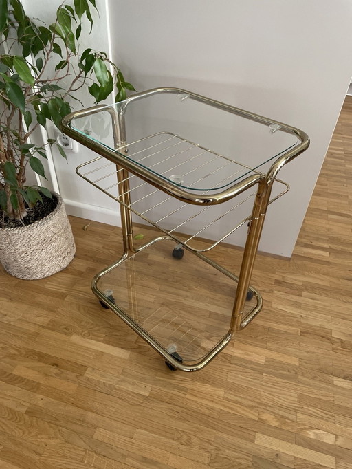 Vintage 1970s serving trolley side table bar cart brass wheels