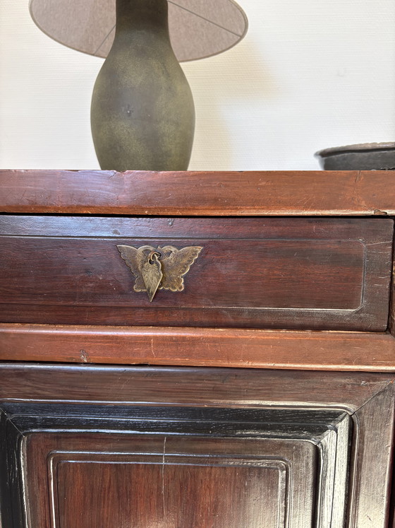 Image 1 of Antique Chinese lacquered wooden cabinet with drawers & doors
