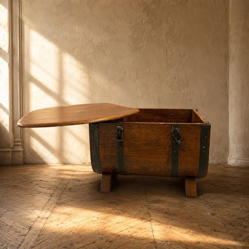 Cassapanca contenitore in rovere a forma di botte con cinghie in metallo nero, anni '30-'40